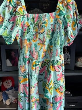 Easel NWT Floral Puff Sleeve Mint, Pink & Yellow Midi Dress